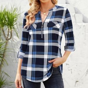 Blue Plaid Ladies Zip Front V neck Shirt Size 2xl